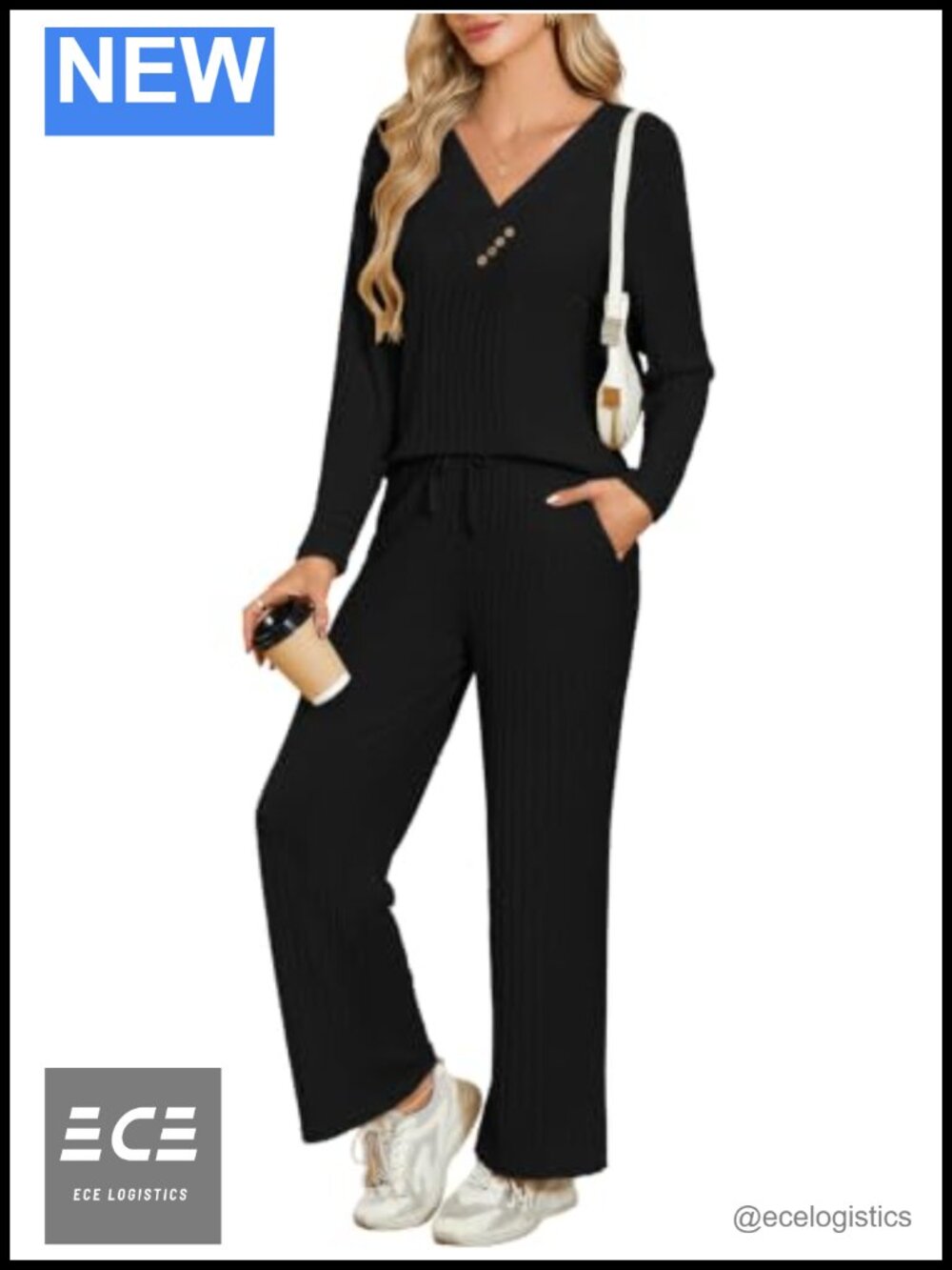 Ribbed Knit V Neck Long Sleeve Pajama Set Loungewear with Pockets